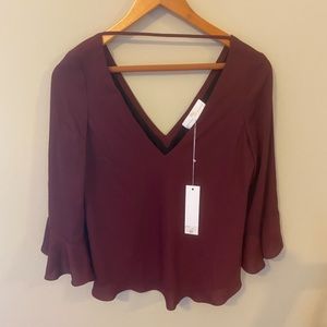 Amanda Uprichard Wine Maroon burgundy Red V Neck Blouse Bell Sleeves Top Open M